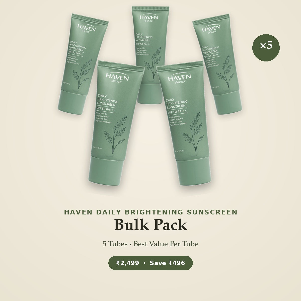 HAVEN Daily Brightening Sunscreen SPF 50 PA+++ — Bulk Pack (5 Tubes)